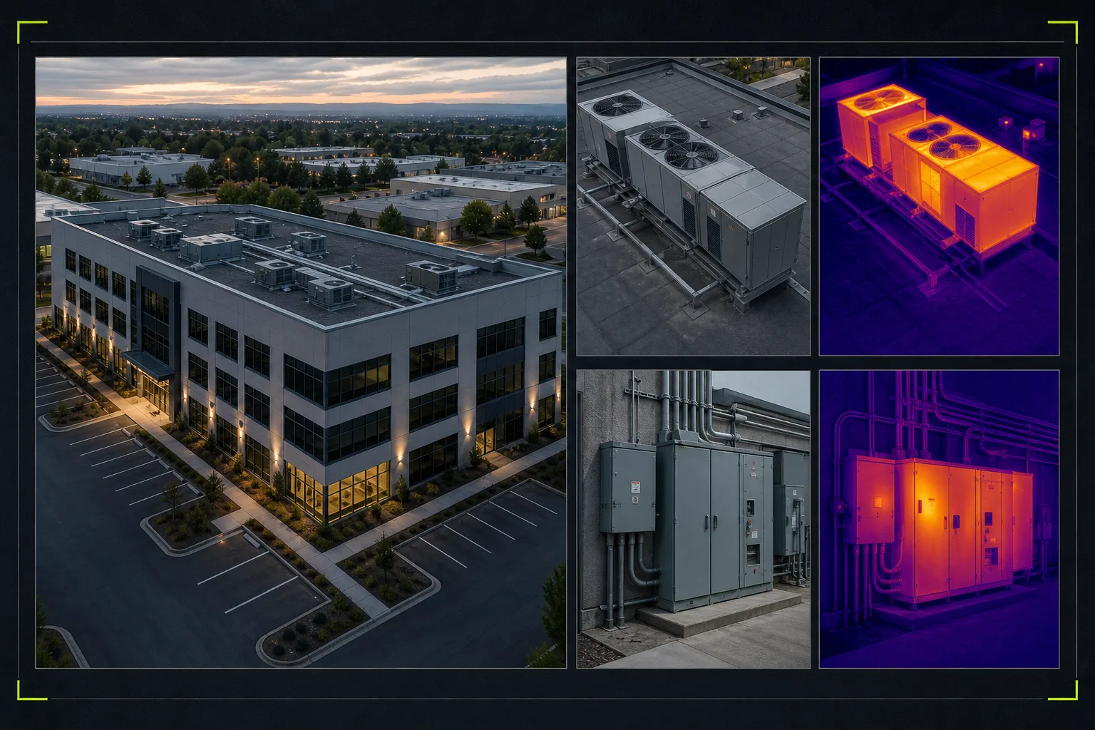 Illustrative building and exterior-equipment screening board with orientation view, equipment-location reference, thermal image, and condition notes.