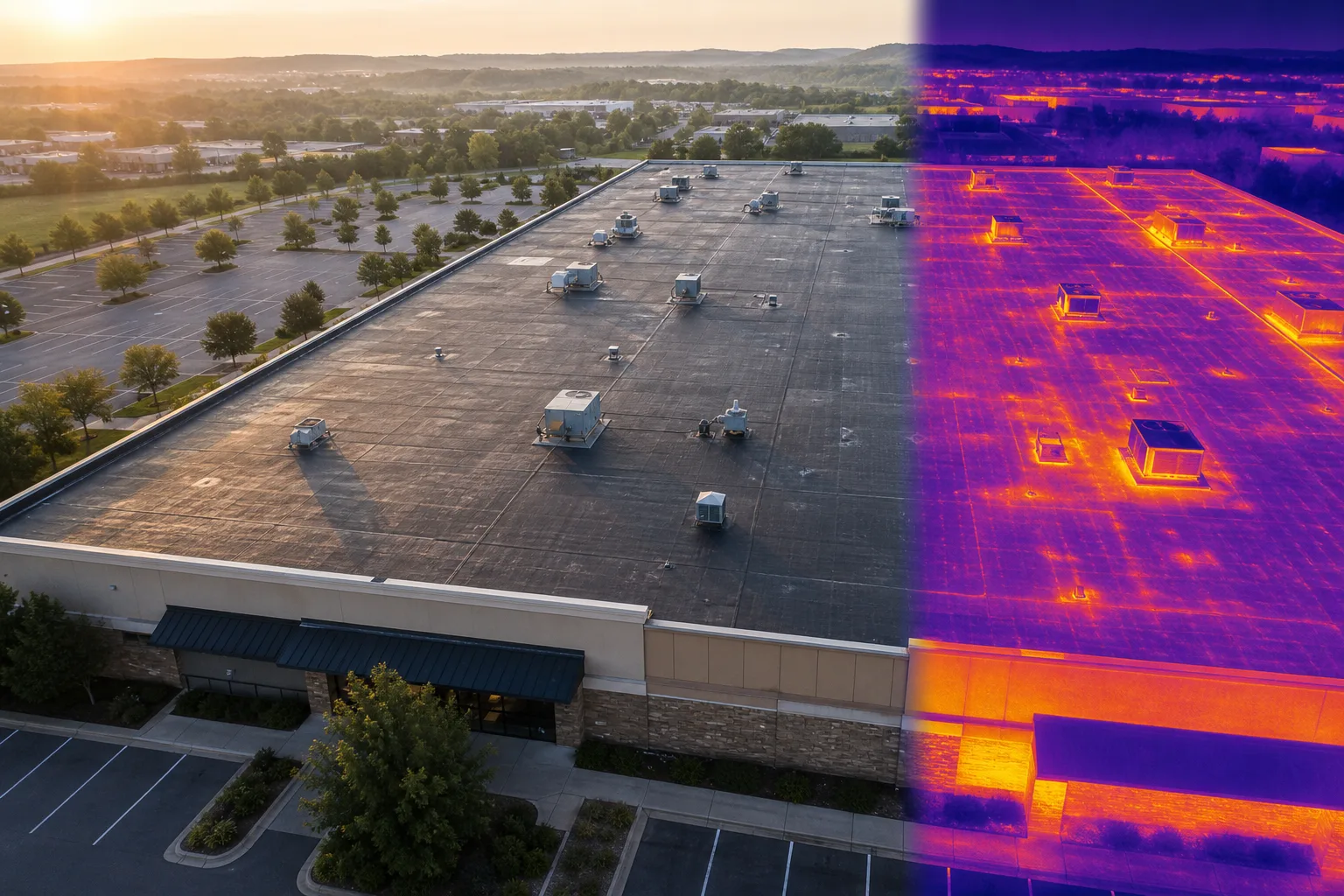 Illustrative aligned RGB and thermal drone views of the same commercial flat roof captured for condition-timed screening support.