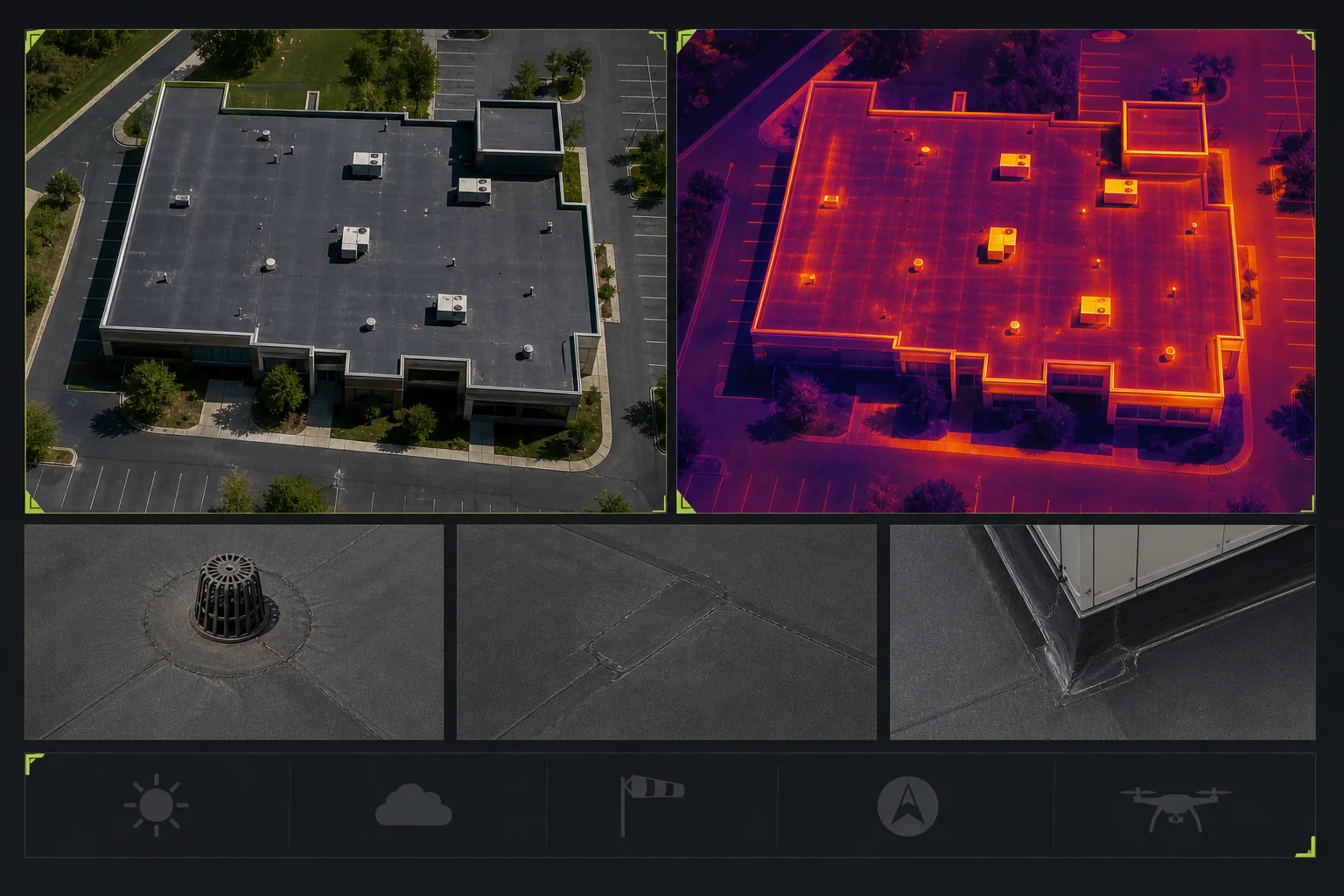 Illustrative roof thermal screening package with aligned RGB and thermal aerials, drain, membrane-seam, equipment-curb, and capture-condition references.