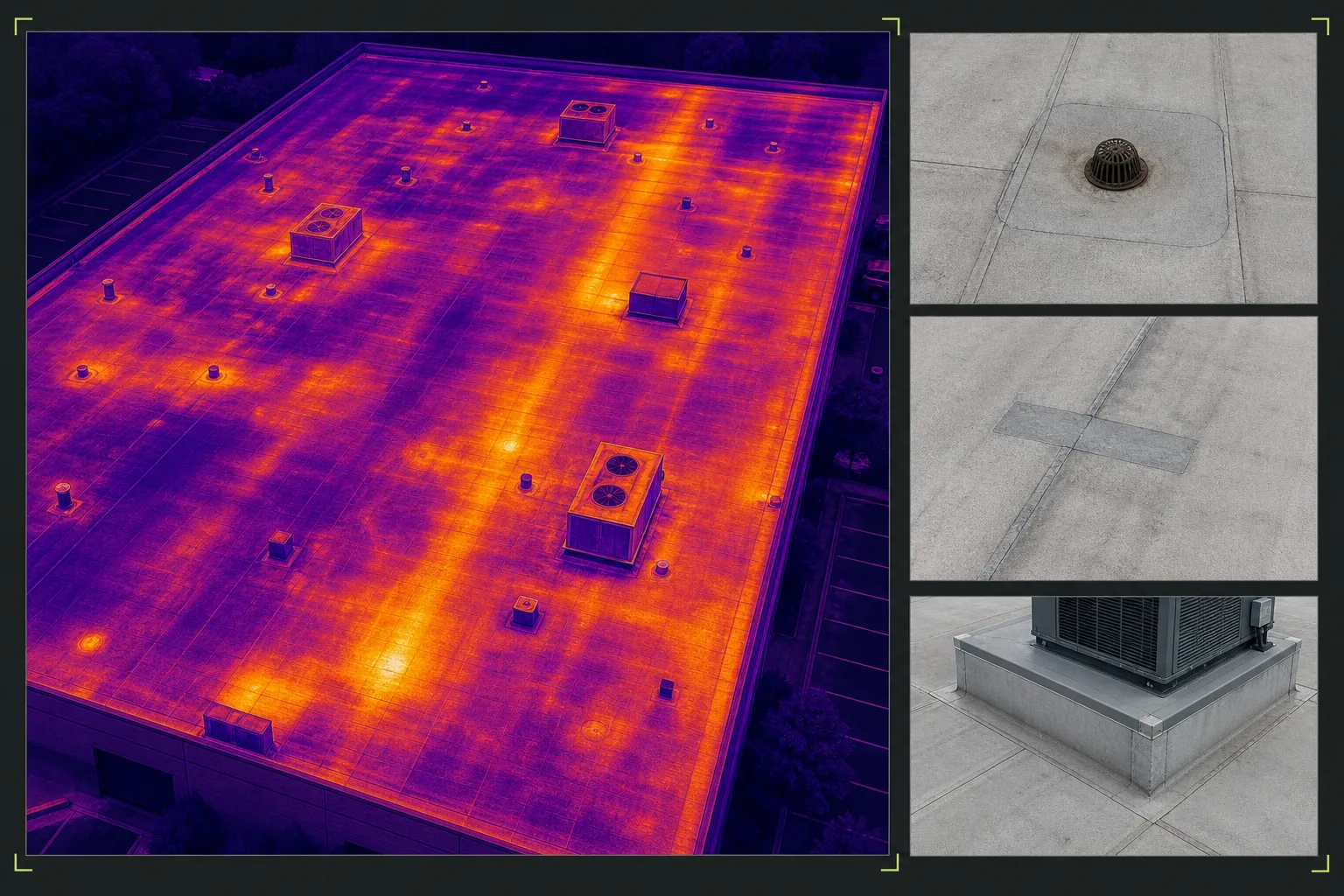 Illustrative roof thermal screening composition with a roof overview, aligned RGB reference, apparent thermal contrast, capture conditions, and limitation notes.