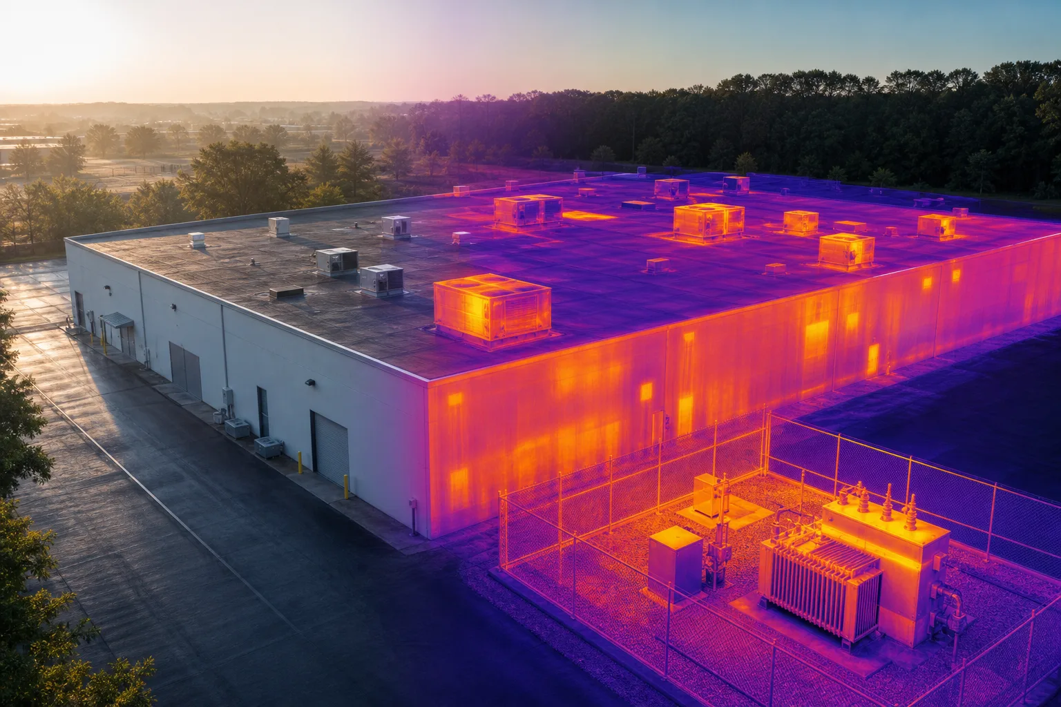 Paired visible and thermal aerial views used for commercial screening support.