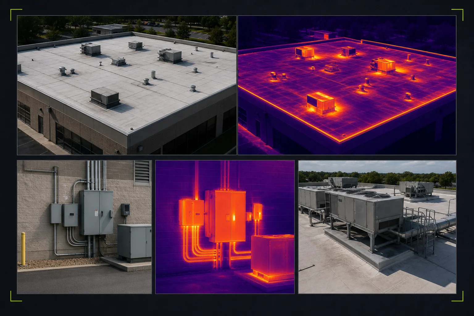 Illustrative thermal screening board with condition notes, aligned visible-light reference, thermal surface pattern, and qualified follow-up context.